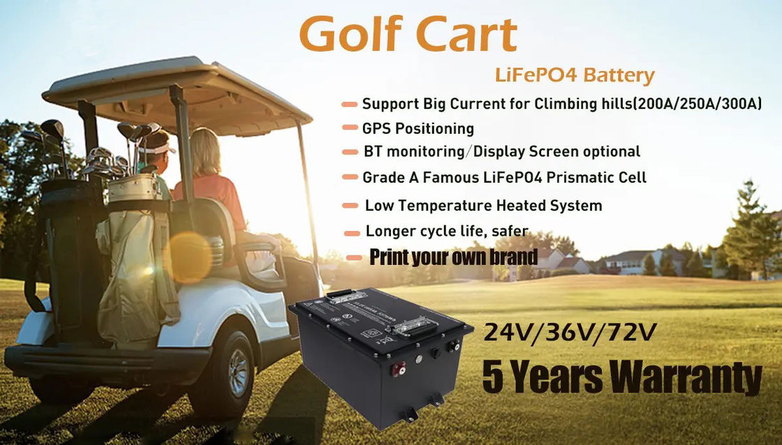 แบตเตอรี่รถกอล์ฟชาร์จใหม่ 12.8v 24v 36v 48v 51.2v 72v 100AH แบตเตอรี่ลิตিয়ামไอออน ไลฟ์โพ 4 พร้อมโปรแกรมสมาร์ทบีเอ็มเอส